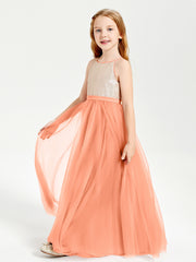 Sequined Top Long Tulle Junior Bridesmaid Gown Papaya