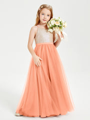 Sequined Top Long Tulle Junior Bridesmaid Gown Papaya