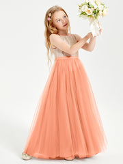 Sequined Top Long Tulle Junior Bridesmaid Gown Papaya
