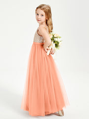Sequined Top Long Tulle Junior Bridesmaid Gown Papaya