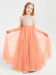 Sequined Top Long Tulle Junior Bridesmaid Gown Papaya