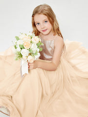 Sequined Top Long Tulle Junior Bridesmaid Gown Peach