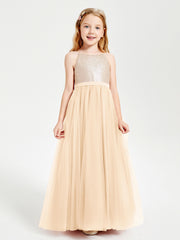 Sequined Top Long Tulle Junior Bridesmaid Gown Peach