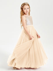 Sequined Top Long Tulle Junior Bridesmaid Gown Peach