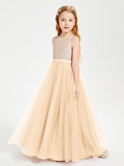 Sequined Top Long Tulle Junior Bridesmaid Gown Peach
