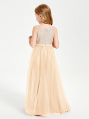 Sequined Top Long Tulle Junior Bridesmaid Gown Peach