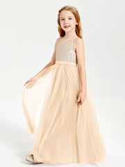 Sequined Top Long Tulle Junior Bridesmaid Gown Peach