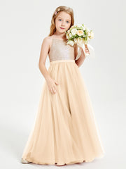 Sequined Top Long Tulle Junior Bridesmaid Gown Peach