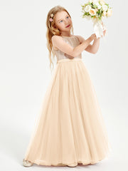 Sequined Top Long Tulle Junior Bridesmaid Gown Peach