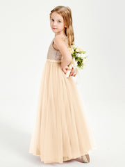 Sequined Top Long Tulle Junior Bridesmaid Gown Peach