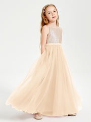 Sequined Top Long Tulle Junior Bridesmaid Gown Peach
