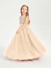 Sequined Top Long Tulle Junior Bridesmaid Gown Peach