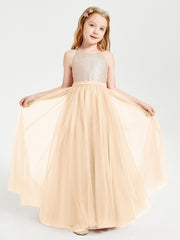 Sequined Top Long Tulle Junior Bridesmaid Gown Peach