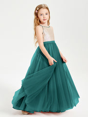 Sequined Top Long Tulle Junior Bridesmaid Gown Peacock