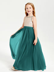 Sequined Top Long Tulle Junior Bridesmaid Gown Peacock