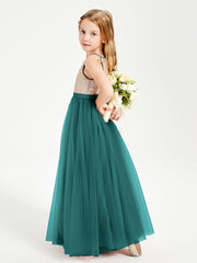 Sequined Top Long Tulle Junior Bridesmaid Gown Peacock