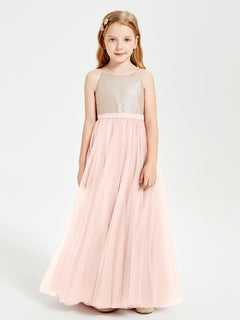 Sequined Top Long Tulle Junior Bridesmaid Gown Pearl Pink