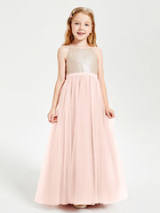 Sequined Top Long Tulle Junior Bridesmaid Gown Pearl Pink