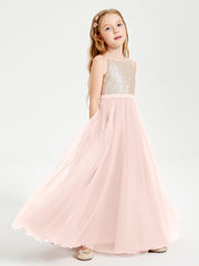 Sequined Top Long Tulle Junior Bridesmaid Gown Pearl Pink