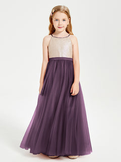 Sequined Top Long Tulle Junior Bridesmaid Gown Plum