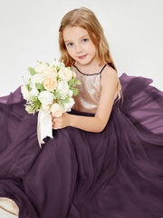 Sequined Top Long Tulle Junior Bridesmaid Gown Plum