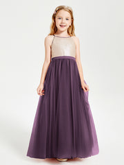 Sequined Top Long Tulle Junior Bridesmaid Gown Plum