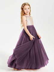 Sequined Top Long Tulle Junior Bridesmaid Gown Plum