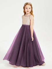 Sequined Top Long Tulle Junior Bridesmaid Gown Plum