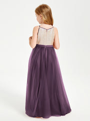 Sequined Top Long Tulle Junior Bridesmaid Gown Plum