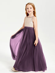 Sequined Top Long Tulle Junior Bridesmaid Gown Plum