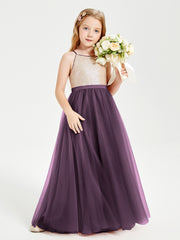 Sequined Top Long Tulle Junior Bridesmaid Gown Plum