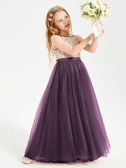 Sequined Top Long Tulle Junior Bridesmaid Gown Plum