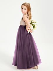 Sequined Top Long Tulle Junior Bridesmaid Gown Plum