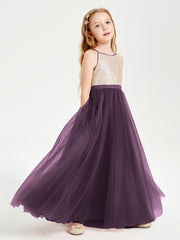 Sequined Top Long Tulle Junior Bridesmaid Gown Plum