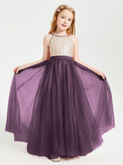 Sequined Top Long Tulle Junior Bridesmaid Gown Plum