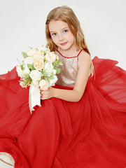Sequined Top Long Tulle Junior Bridesmaid Gown Red