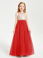 Sequined Top Long Tulle Junior Bridesmaid Gown Red