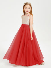 Sequined Top Long Tulle Junior Bridesmaid Gown Red