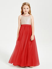 Sequined Top Long Tulle Junior Bridesmaid Gown Red