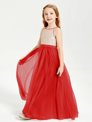 Sequined Top Long Tulle Junior Bridesmaid Gown Red