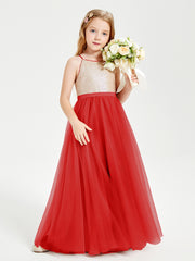 Sequined Top Long Tulle Junior Bridesmaid Gown Red