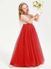 Sequined Top Long Tulle Junior Bridesmaid Gown Red