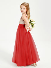 Sequined Top Long Tulle Junior Bridesmaid Gown Red