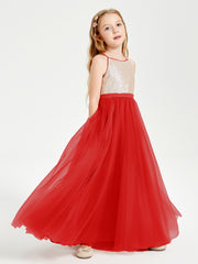 Sequined Top Long Tulle Junior Bridesmaid Gown Red