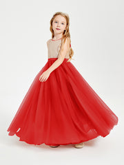 Sequined Top Long Tulle Junior Bridesmaid Gown Red