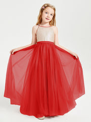 Sequined Top Long Tulle Junior Bridesmaid Gown Red