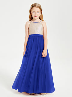 Sequined Top Long Tulle Junior Bridesmaid Gown Royal Blue