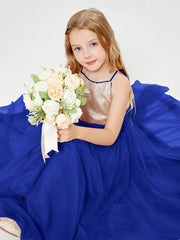 Sequined Top Long Tulle Junior Bridesmaid Gown Royal Blue