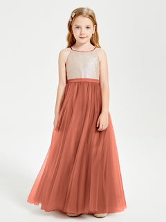 Sequined Top Long Tulle Junior Bridesmaid Gown Rust