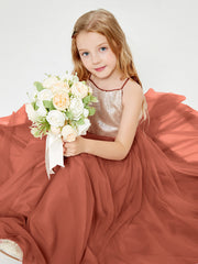 Sequined Top Long Tulle Junior Bridesmaid Gown Rust